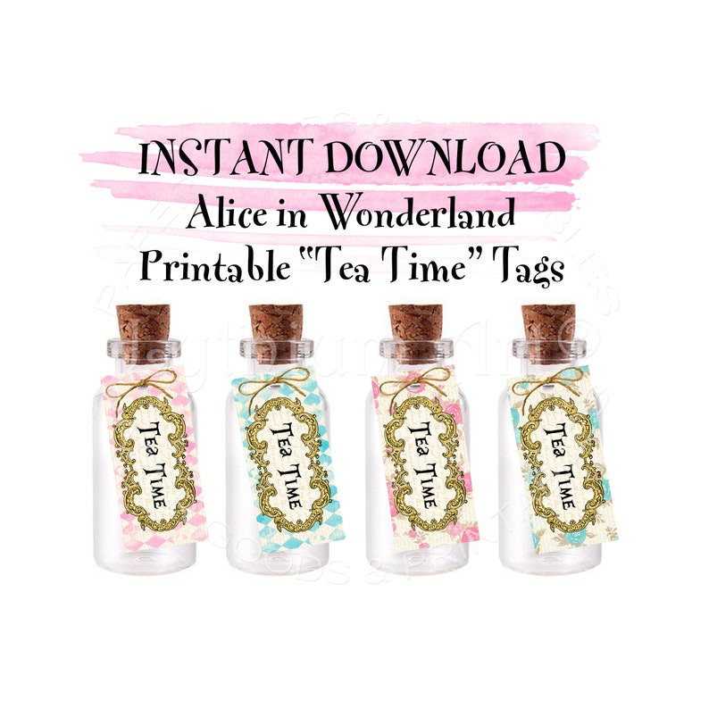 Tea Time Mini Tags INSTANT DOWNLOAD Alice in Wonderland Tags Wonderland Birthday Party Mad Hatter Tea Party Decorations