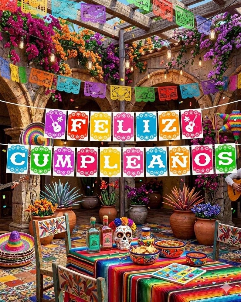 Feliz Cumpleaños Banner, Papel Picado Garland for Mexican Party Decor, Digital Download image 3
