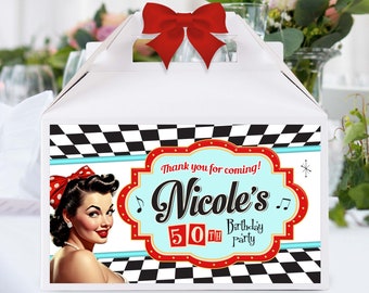 1950s Sock Hop Party Gable Gift Box Label, Printable and Personalized Gable Box Label, 50s Birthday Party, Retro Diner Pin Up Party Decor