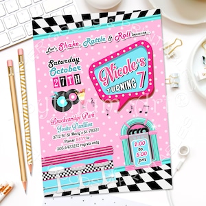 50's Sock Hop Invitation, Printable File + Thank You Card