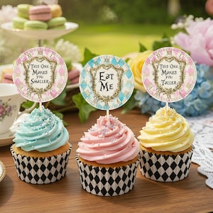 Alice In Wonderland Vintage Cupcake Toppers, 6 Printable Round Labels, Instant Download, Wonderland Party Decorations, Mad Hatter Tea Party