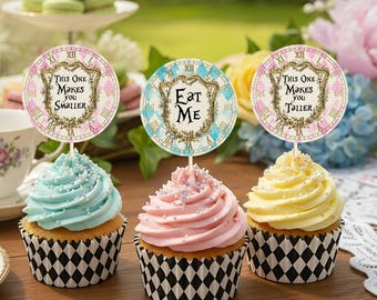 Alice In Wonderland Vintage Cupcake Toppers, 6 Printable Round Labels, Instant Download, Wonderland Party Decorations, Mad Hatter Tea Party
