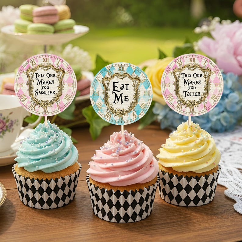 Alice In Wonderland Vintage Cupcake Toppers, 6 Printable Round Labels, Instant Download, Wonderland Party Decorations, Mad Hatter Tea Party image 1