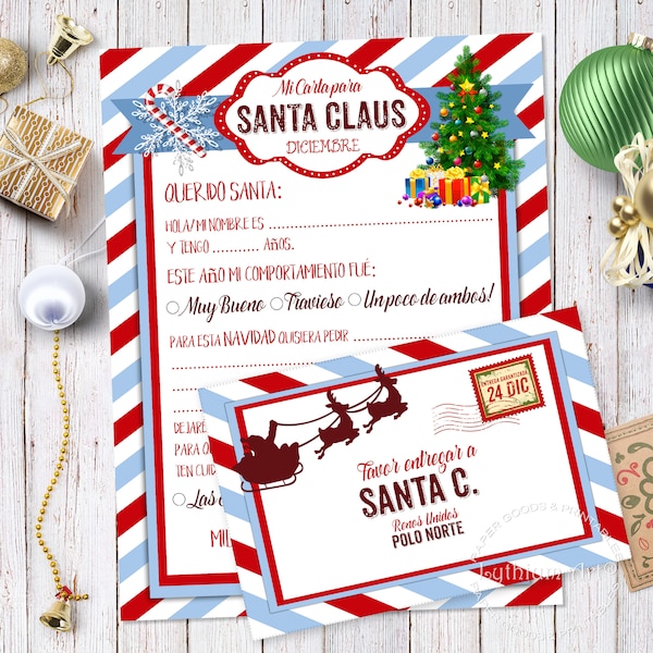 CARTA A SANTA CLAUS, Carta de Navidad Imprimible para Niños, Incluye Sobre Combinable, Carta Navideña para niños, Descarga Inmediata