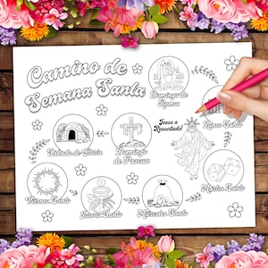 May include: A black and white colouring page depicting the events of Holy Week. The page features a circular design with each day of the week represented by a different image. The days of the week are labelled in Spanish.