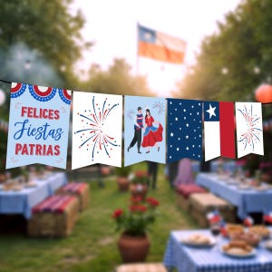 May include: A string of festive banners with Chilean flag and patriotic designs. The banners include text that says "Felices Fiestas Patrias", fireworks, dancing couple, and star patterns. The scene is set outdoors with tables and a Chilean flag in the background.