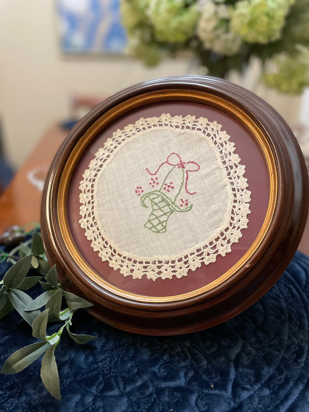 Round Framed Doily Display, Home Decor, Antique, Flower Basket, Art