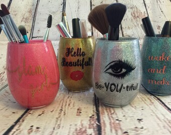 Glittered makeup brush holder