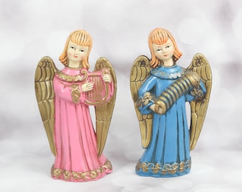 Vintage Paper Mache Angels | Blue and Pink Angel Set | 1960s Mid Century | Made in Japan