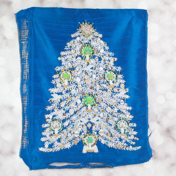 Vintage Christmas Tree Embroidered  Jewel Fiber art sequin and beaded Christmas Tree Blue Silk Christmas Tapestry