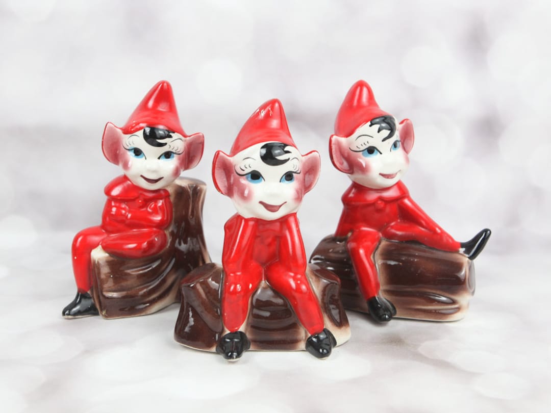 Vintage Ceramic Elf Figurines Red Pixies Vintage Christmas Etsy