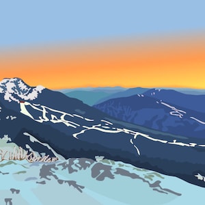Op de afbeelding: Illustratie van een bergketen bij zonsondergang. Sneeuwbedekte hellingen op de voorgrond leiden naar donkerblauwe bergen. De lucht verloopt van oranje naar lichtblauw, met de ondergaande zon.