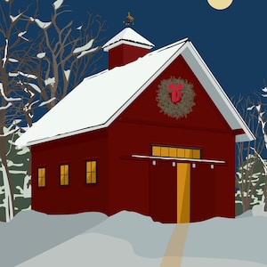 May include: Digital illustration of a red barn in a snowy landscape at night. The barn has a white roof covered in snow, a wreath with a red bow, and lit windows. A full moon shines in the dark blue sky.