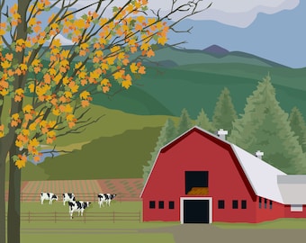 Autumn Barn with Cows - 11x14" Print - Unframed