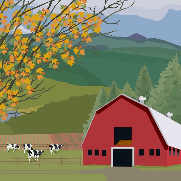 Autumn Barn with Cows - 11x14" Print - Unframed