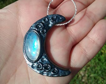 Rainbow Moonstone Moon necklace, crescent moon necklace, polymer clay moon talisman