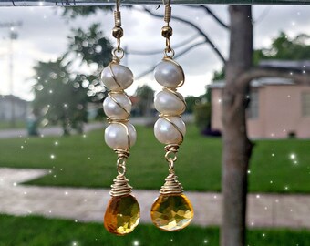 Wirewrapped Pearl and citrine earrings