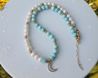 Fresh water Pearls and blue Howlite choker necklace, moon necklace