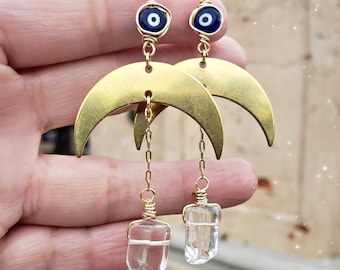 Evil eye moon earrings, Clear Quartz moon earrings