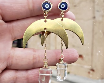 Brass Moon Earrings, Clear Quartz and Evil Eye, Surgical Steel