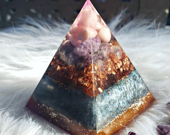 Amethyst and Pink Opal orgone pyramid, energy accumulator, crystal decor