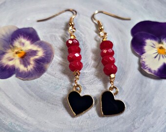 Ruby Jade dangle earrings, black enamel heart earrings