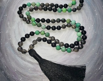 108 beads Chrysoprase mala necklace, knotted mala tassel necklace