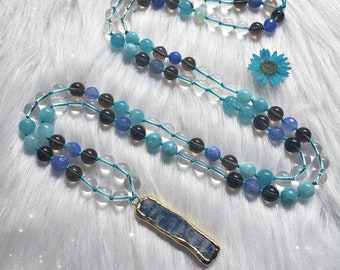 108 beads mala necklace, Kyanite mala necklace, knotted necklace