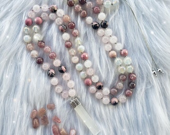 108 beads Strawberry Quartz and Rose Quartz mala necklace, hand knotted mala necklace
