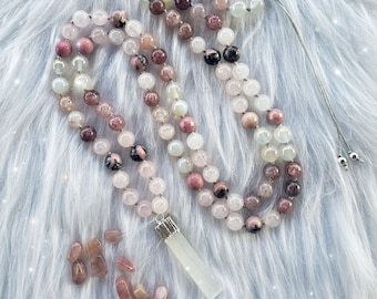 Strawberry Quartz Mala Necklace, Rose Quartz, Rhodonite, Selenite Pendant