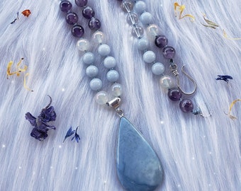 54 beads Amethyst and Angelite half mala necklace, knotted necklace