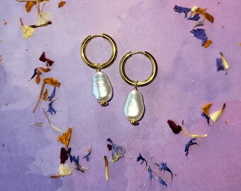 Gold Plated Pearl Hoop Earrings, Faux Baroque Pearl