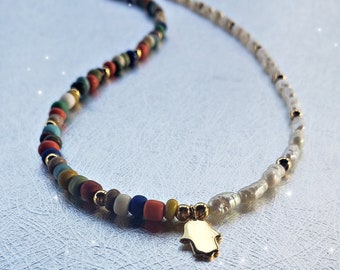 Hamsa Freshwater Pearl Choker, African Seed Beads, Gold Plated Pendant