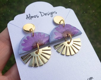 Pressed Flower Dangle Earrings, Gold Plated Fan, Resin and Polymer Clay