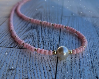 Handmade Pearl Choker, Pink Czech Glass Beads, Goldfilled Clasp