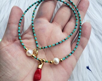 Red Azabache hand necklace, evil eye protection necklace