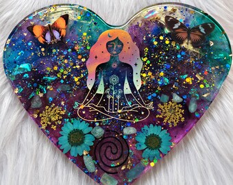 Resin Orgone heart wall hanging, candle holder plate, crystal charging plate