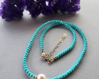 Handmade Pearl Choker, Turquoise Czech Beads, Gold Filled Clasp