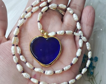 Murano glass heart and fresh water Pearls choker necklace