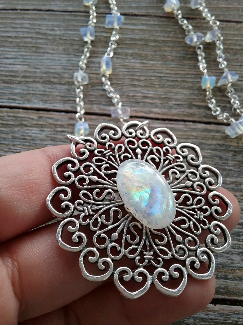 Moonstone filigree necklace crystal jewelry wirewrapped opalite necklace