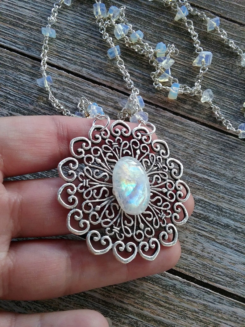 Moonstone filigree necklace crystal jewelry wirewrapped opalite necklace