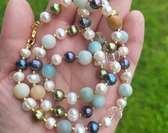 Handmade Pearl Necklace, Amazonite and Quartz Beaded Necklace, 21 inch