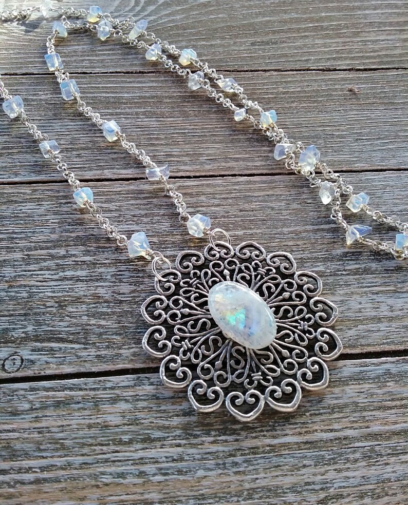 Moonstone filigree necklace crystal jewelry wirewrapped opalite necklace