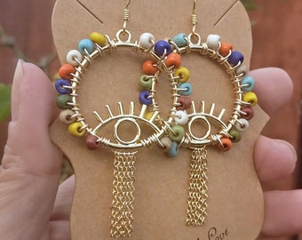 Beaded Evil Eye Hoop Earrings, African Seed Beads