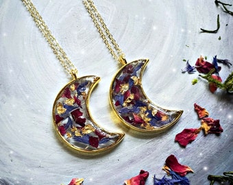 Crescent moon flower necklace, botanical pendant, dried flowers necklace