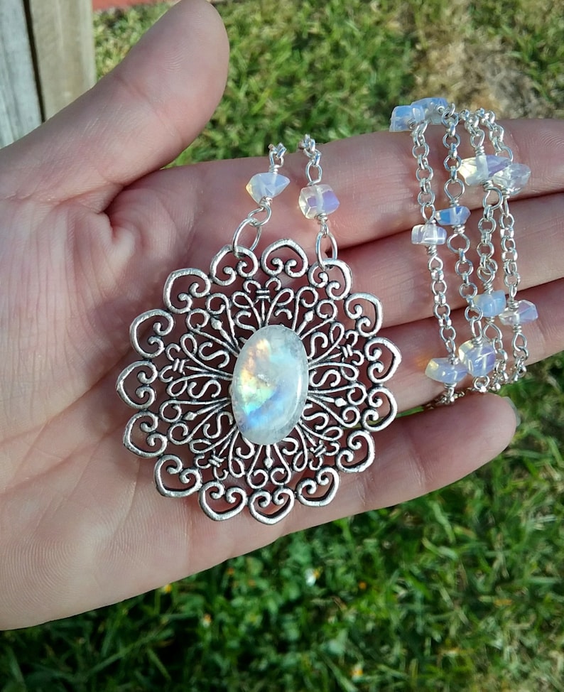 Moonstone filigree necklace crystal jewelry wirewrapped opalite necklace