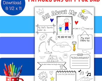 May include: A black and white Father's Day gift printable with the text "FATHERS DAY GIFT FOR DAD". The printable includes fill-in-the-blank sections about dad, with a red polka dot mug filled with colourful pens and pencils.