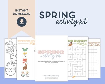 Pode incluir: Um kit de atividades de primavera com as palavras "Spring Activity Kit" em itálico. O kit inclui um conjunto de 10 páginas de atividades para crianças pequenas desenharem, colorirem, brincarem e muito mais. O kit inclui um labirinto, jogo da velha e páginas para colorir.