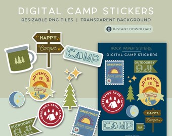 DIGITAL Camp Stickers | Camp Sticker Sheet | Camping Stickers | Planner Stickers | Bottle Stickers | Vinyl Stickers | Kids Stickers