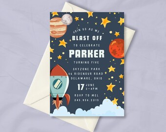May include: An invitation card with a space theme. The card features a rocket, planets, and stars against a dark blue background. Text on the card reads "BLAST OFF" to celebrate Parker's fifth birthday, with event details.